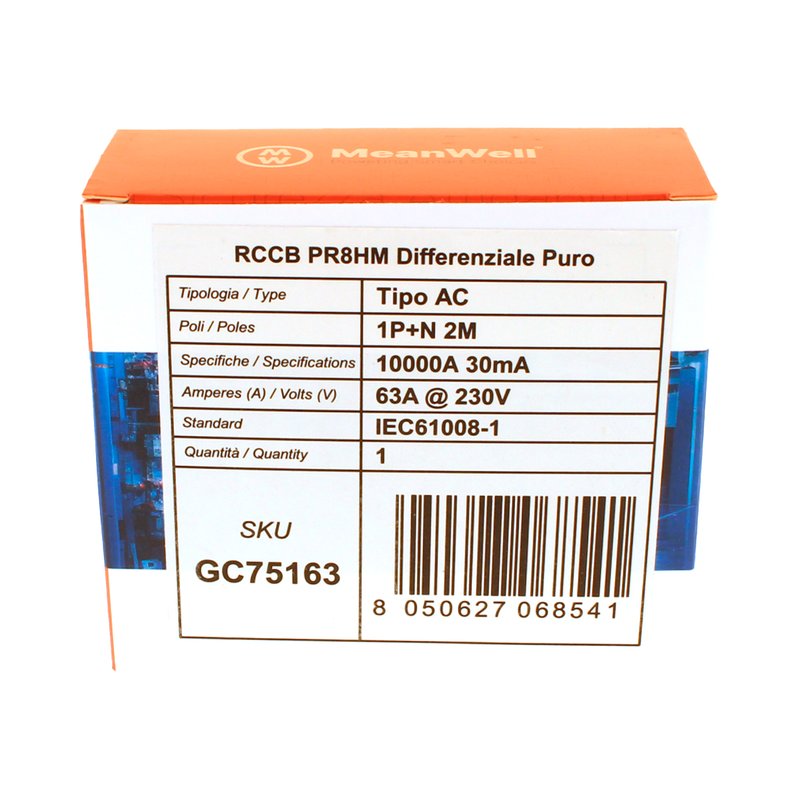 MeanWell RCCB Interruttore Differenziale Puro Tipo AC 1P+N 2M 10000A 30mA 63A AC 230V IP20 IEC61008-1