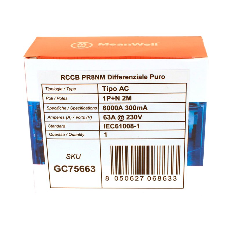 MeanWell RCCB Interruttore Differenziale Puro Tipo AC 1P+N 2M 6000A 300mA 63A AC 230V IP20 IEC61008-1