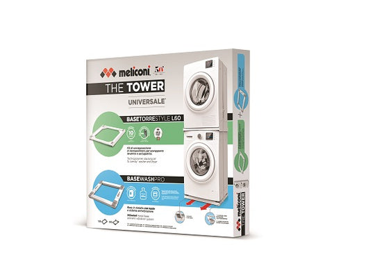 Meliconi the tower, kit 2 in 1 per sovrapposizione lavatrice asciugatrice universale e base con ruote, supporto asciugatrice premontato, cinghia di sicurezza inclusa, portata 250 kg, bianco