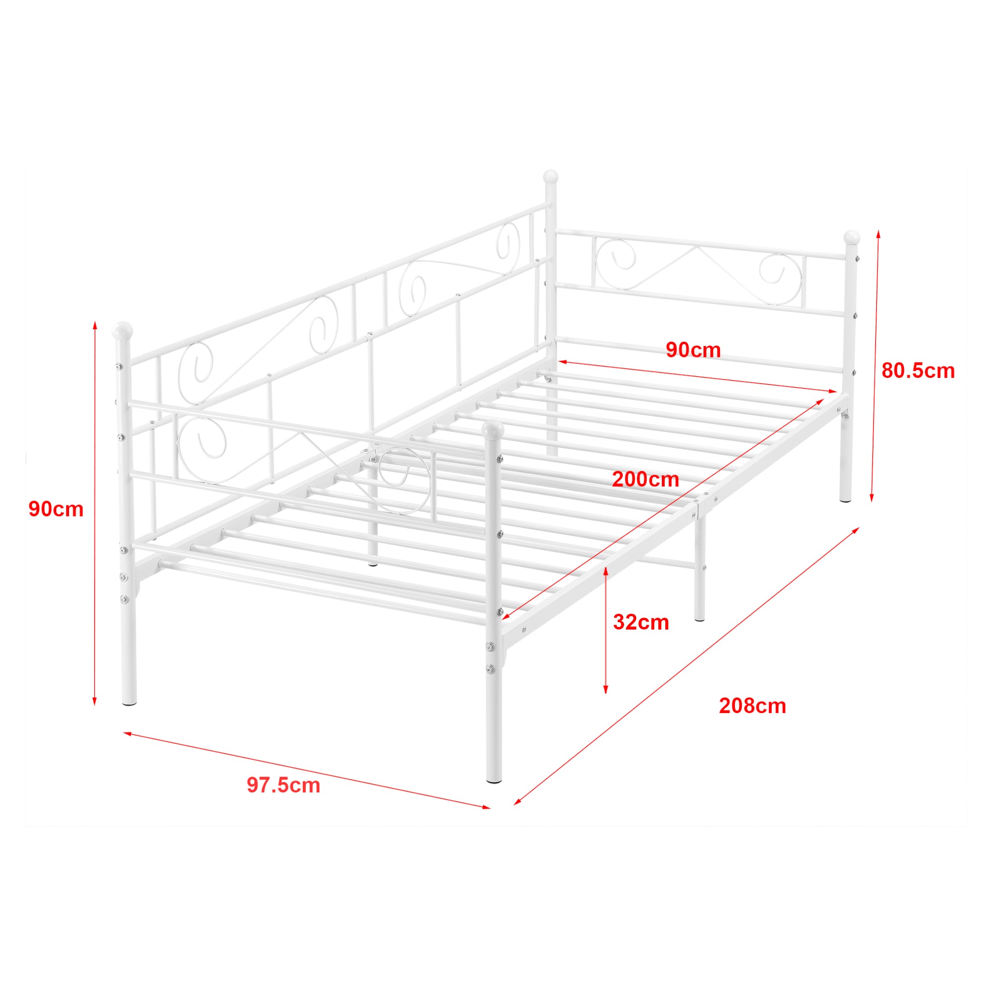 Struttura Divano a 2-3 Posti di Seduta Letto Singolo in Metallo 90 x 200 cm Sofa in Acciaio con Elementi Decorativi -