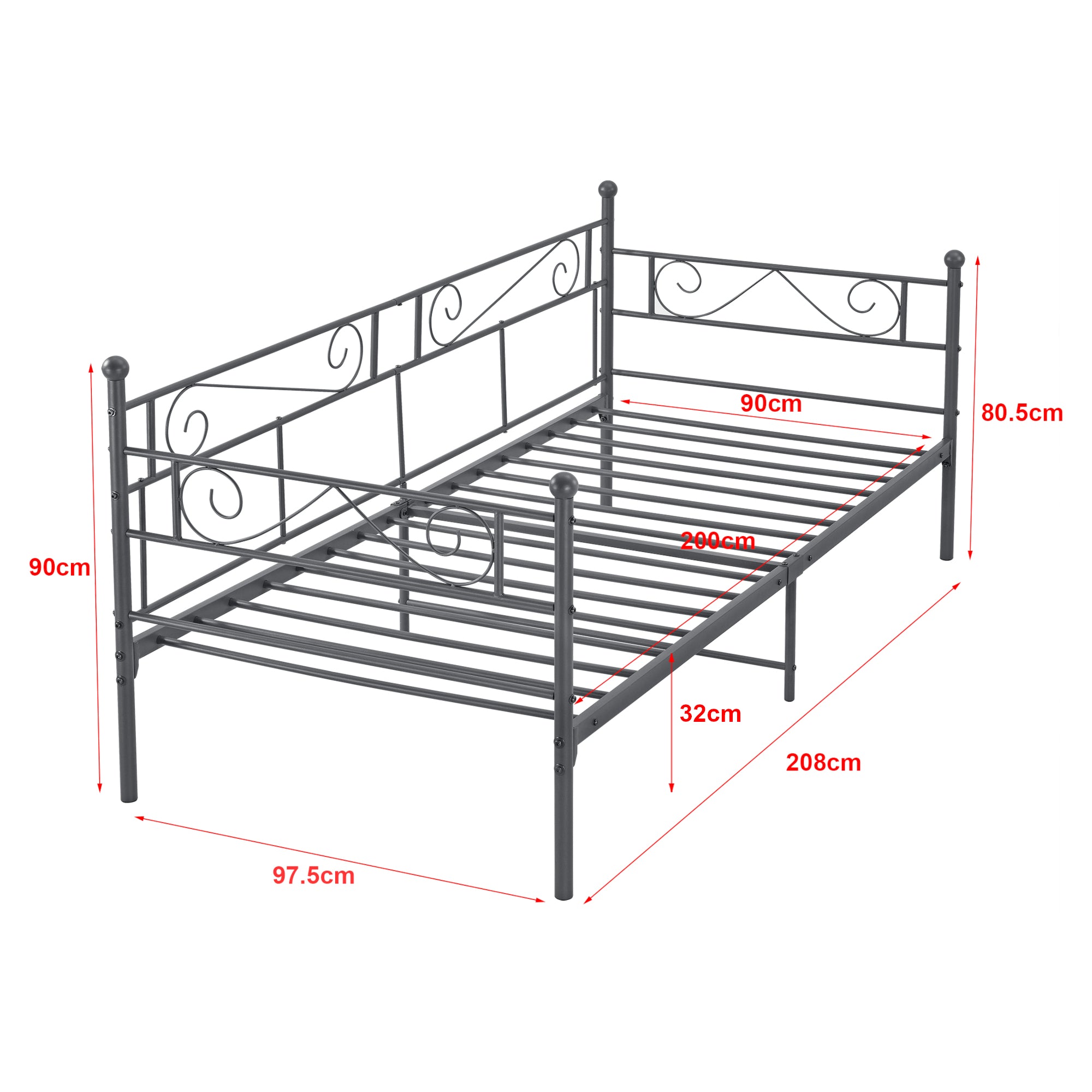 Divano a 2-3 Posti di Seduta Letto Singolo in Metallo con Materasso a Schiuma Fredda 90 x 200 cm Sofa in Acciaio con