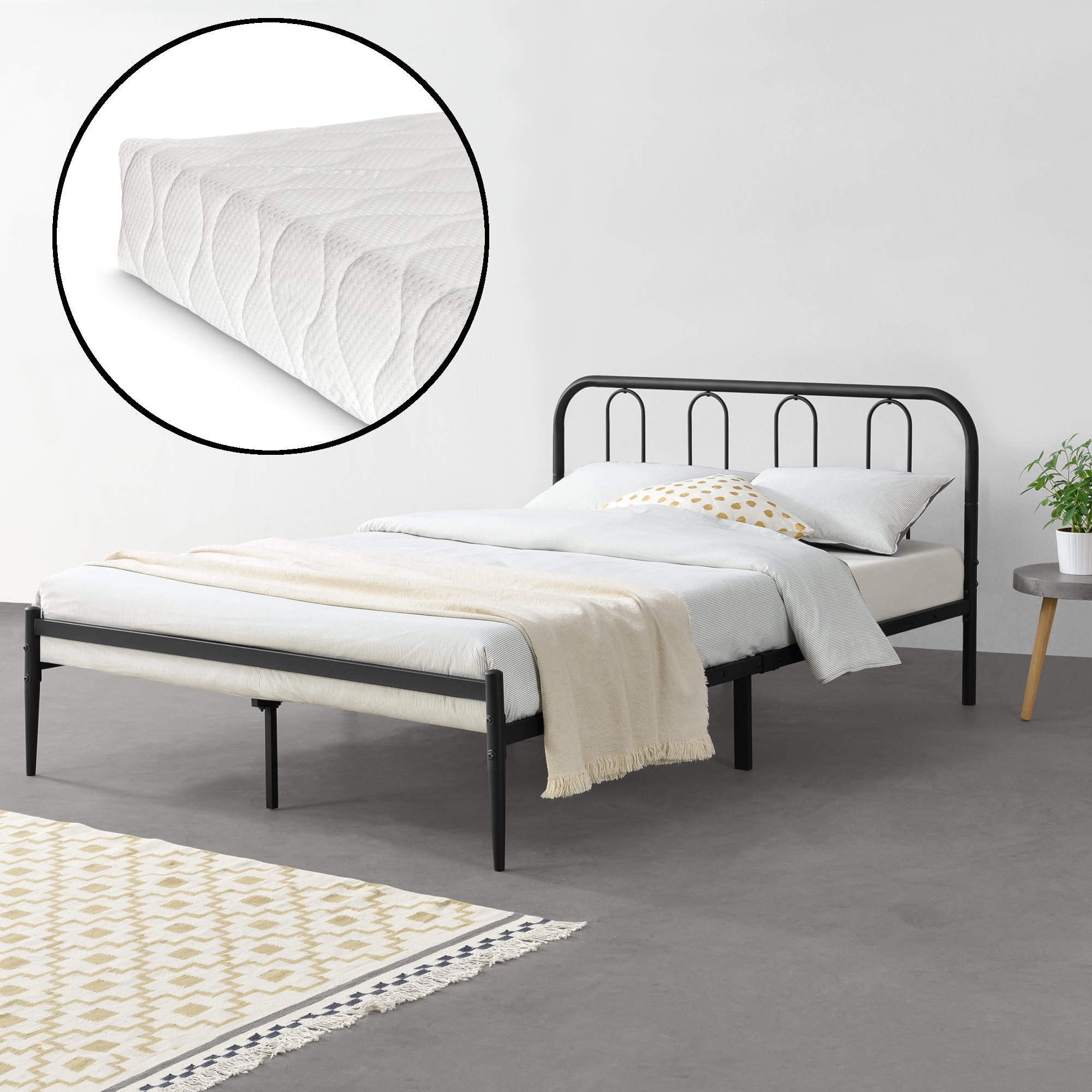 Struttura Letto in Metallo con Testiera e Pediera con Materasso a Schiuma Fredda 160 x 200 cm Letto Matrimoniale - Nero