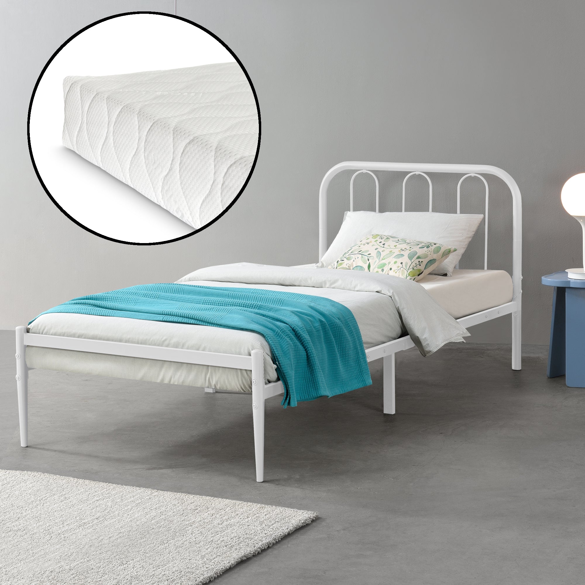 Struttura Letto in Metallo con Testiera e Pediera con Materasso a Schiuma Fredda 90 x 200 cm Letto Singolo per