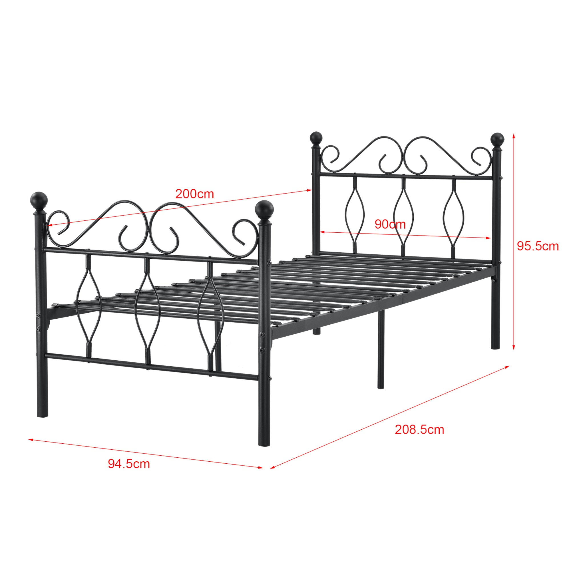 Struttura Letto Singolo in Metallo con Testiera e Pediera in Stile Romantico/Classico con Materasso 90 x 200 cm Letto 1