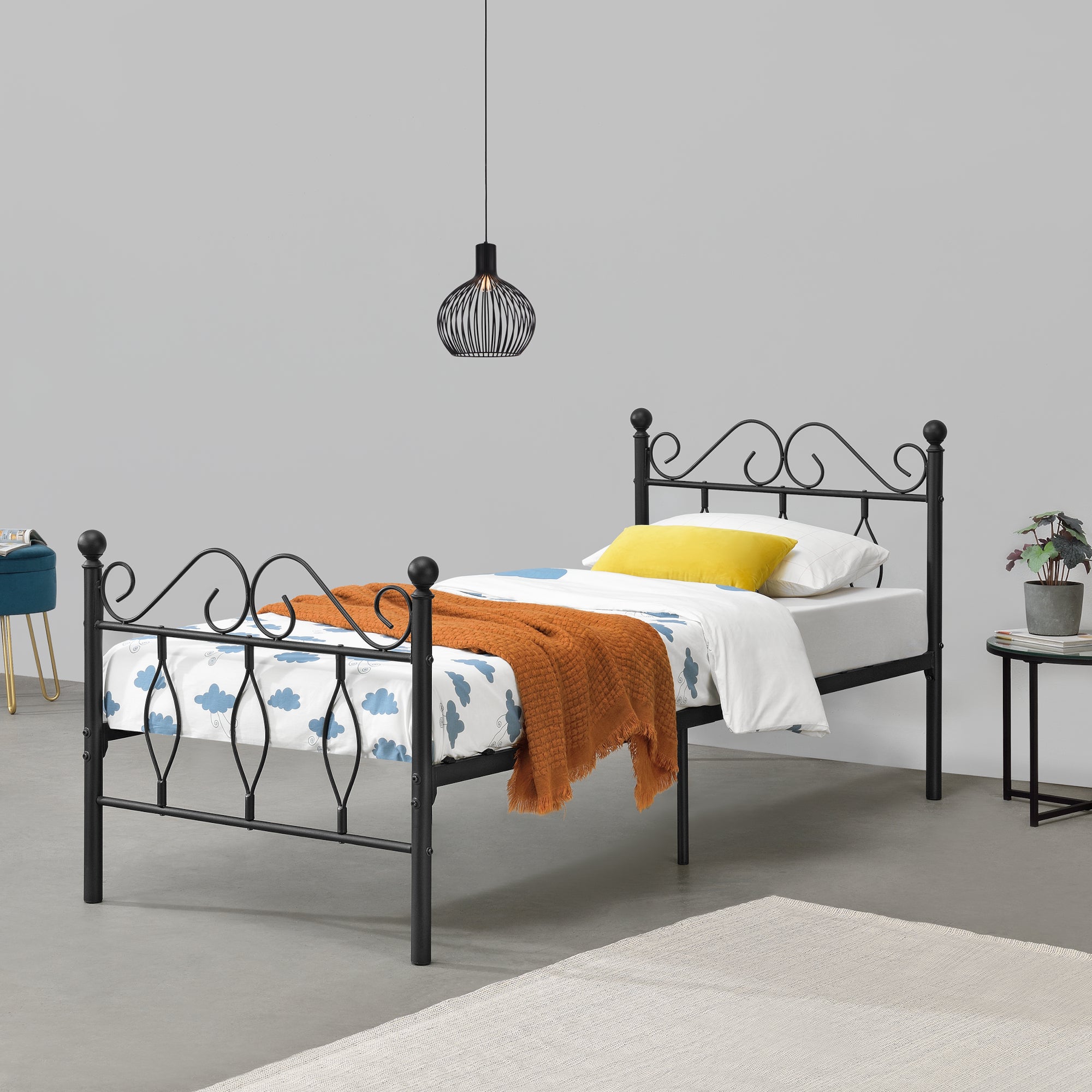 Struttura Letto Singolo in Metallo con Testiera e Pediera in Stile Romantico/Classico 90 x 200 cm Letto 1 Piazza - Nero