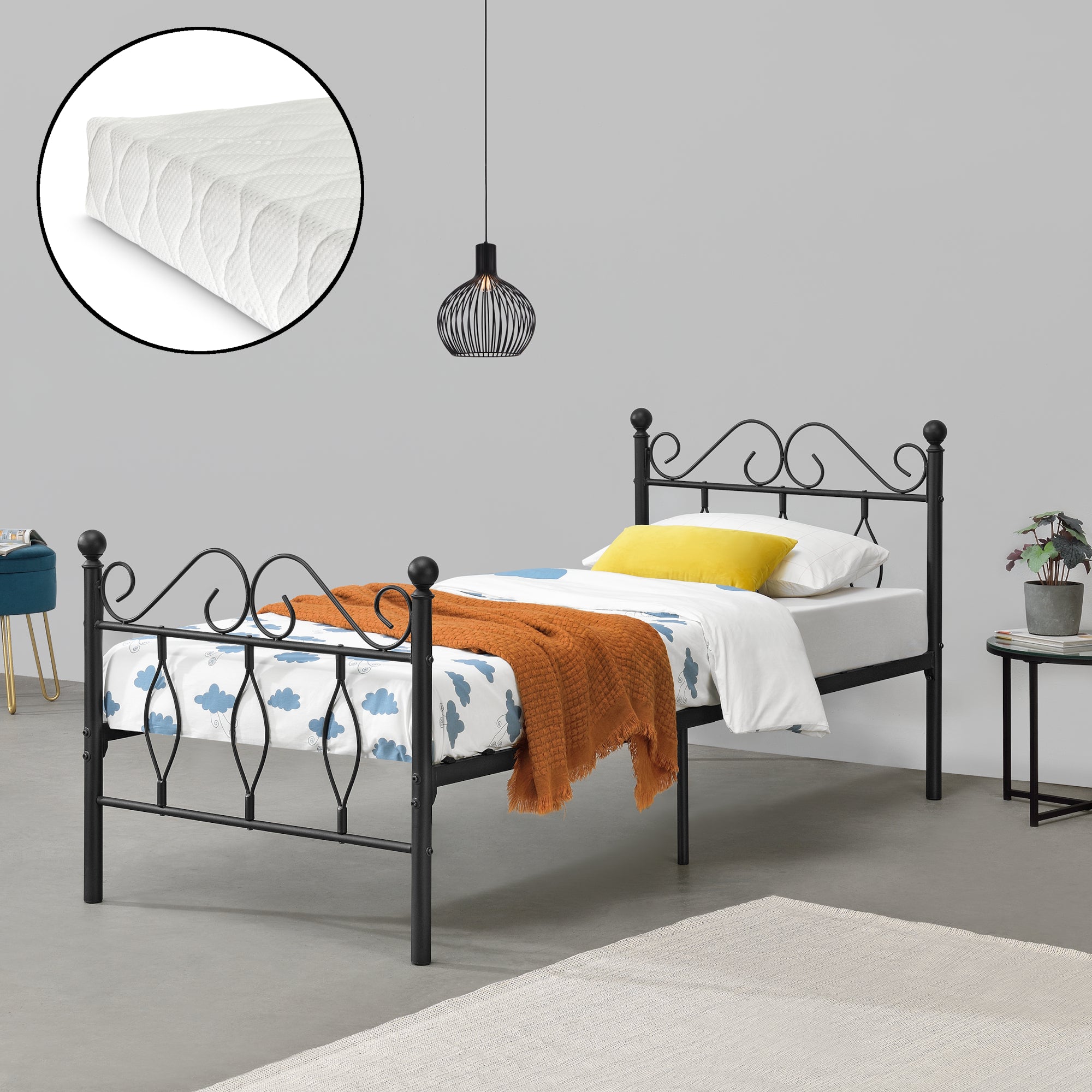 Struttura Letto Singolo in Metallo con Testiera e Pediera in Stile Romantico/Classico con Materasso 90 x 200 cm Letto 1