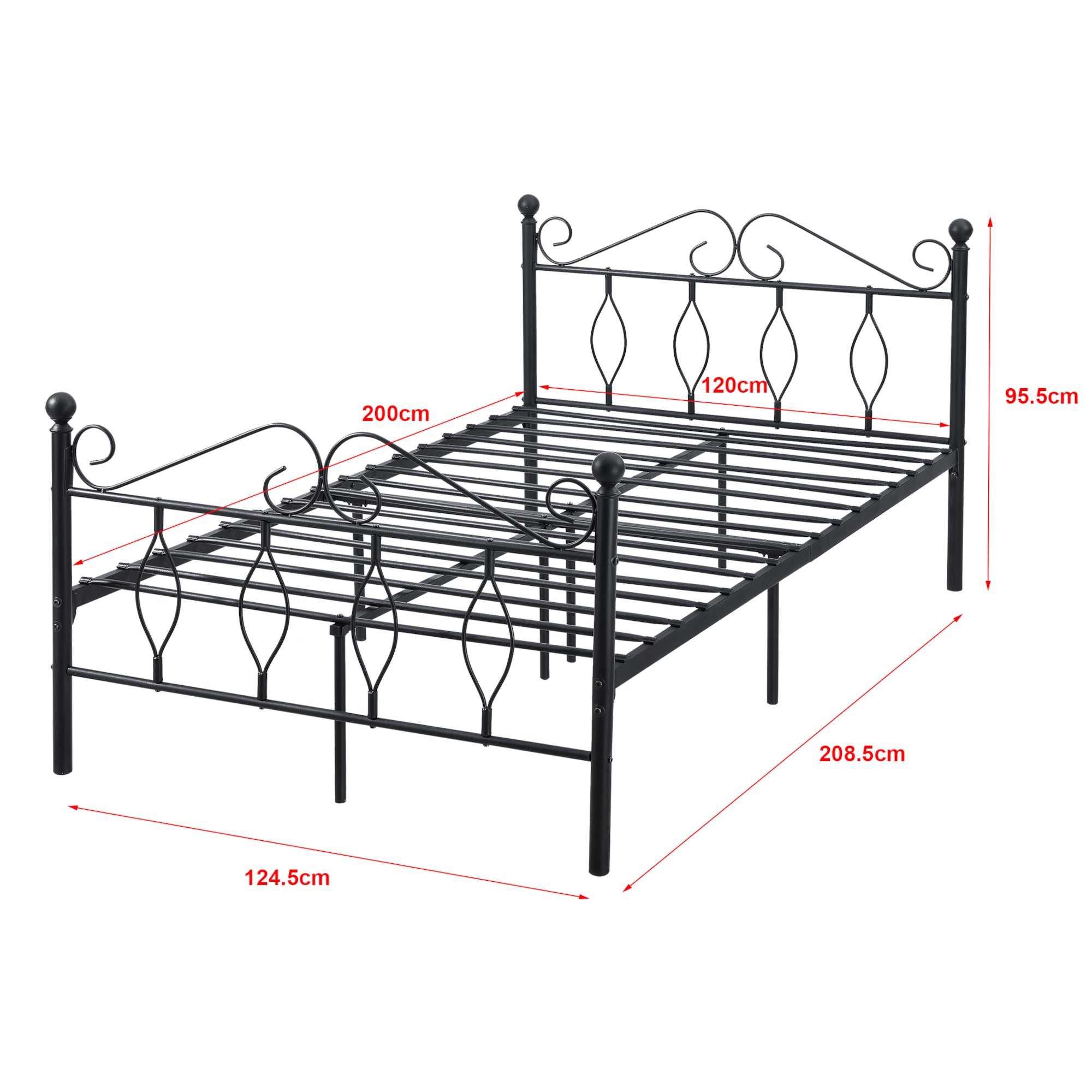 Struttura Letto in Metallo con Testiera e Pediera in Stile Romantico/Classico 120 x 200 cm Letto 1 Piazza e Mezza - Nero