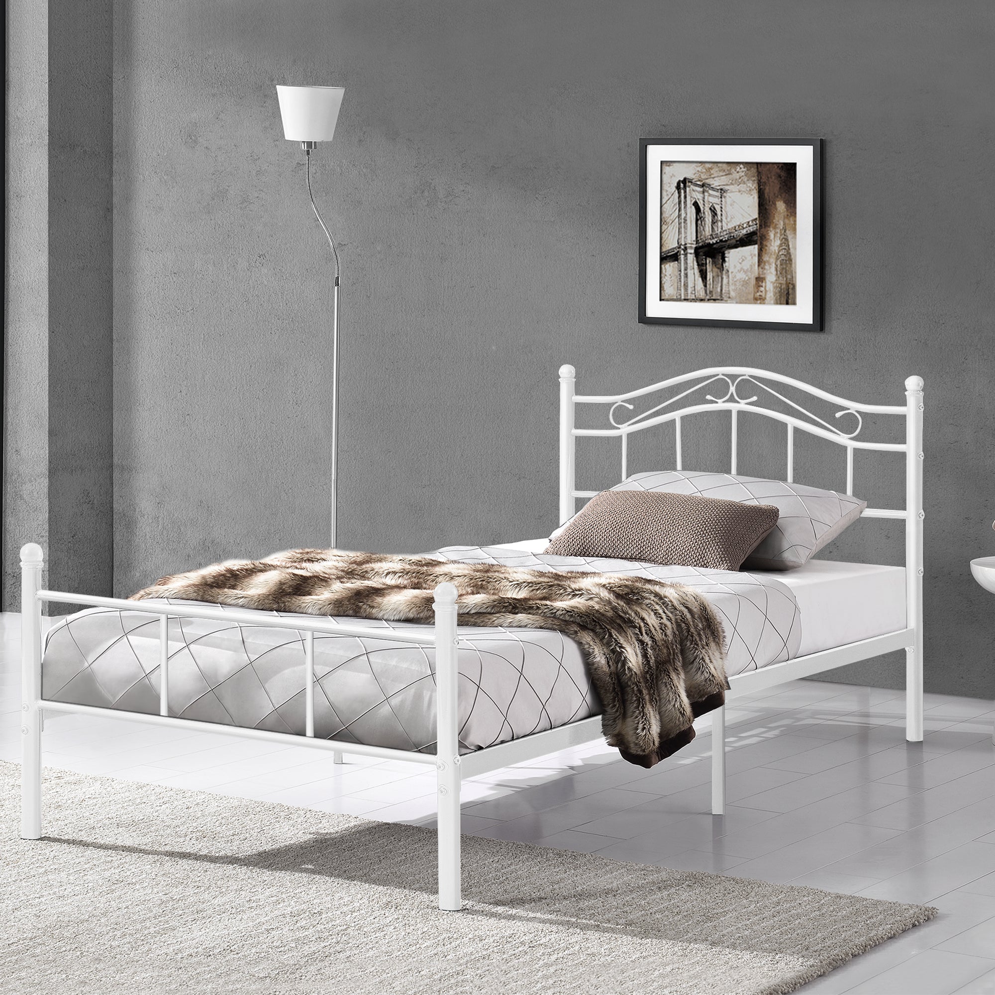 Letto Piazza e Mezza Florenz in Acciaio con Testiera Alta Decorativa 120 x 200 cm Bianco [en.casa]