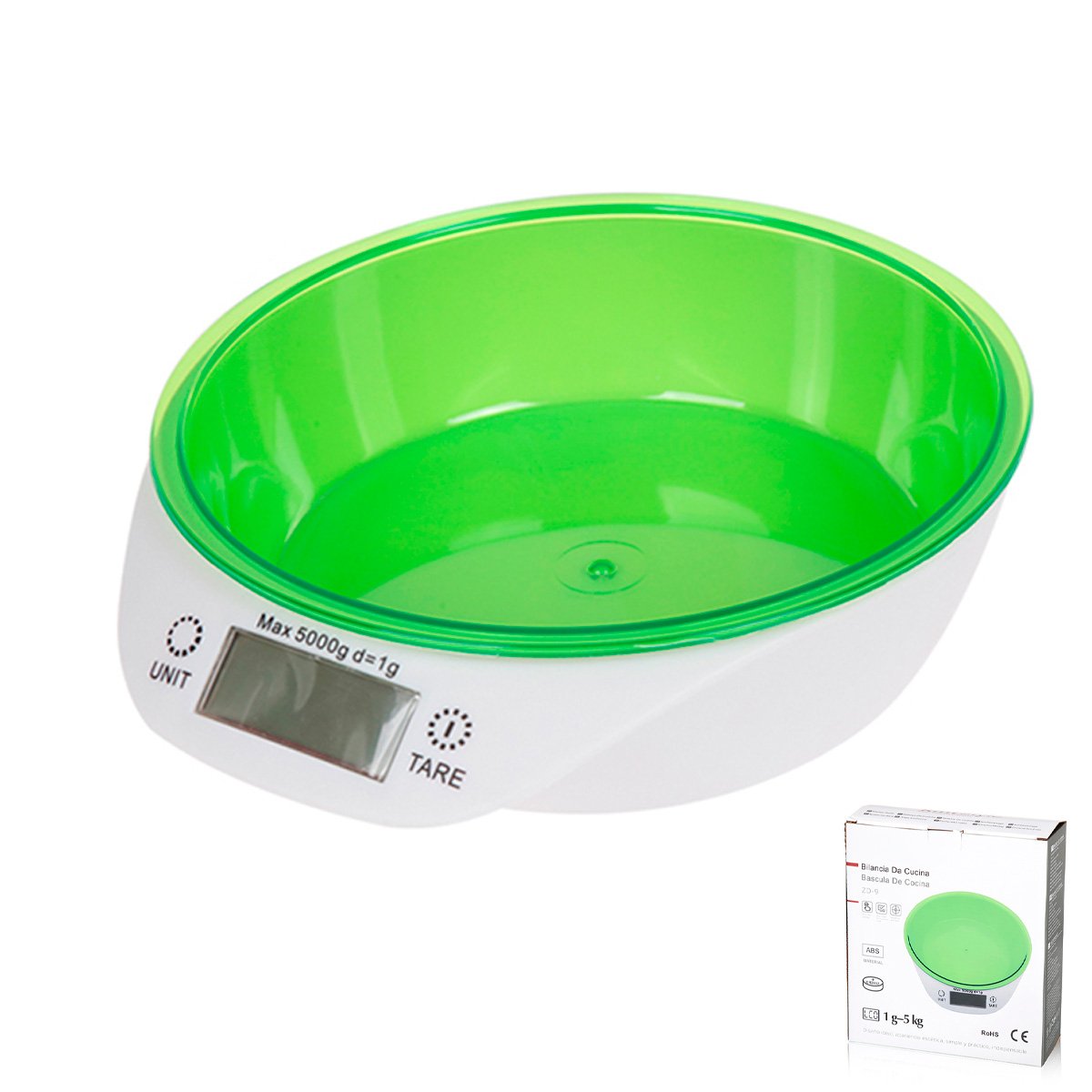 Mini Bilancia Digitale con Schermo LCD da Cucina Forma Ciotola Misura in KG e G Diametro 20cm a Batteria CR2032