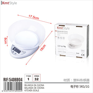 Mini Bilancia Digitale con Schermo LED da Cucina con Ciotola Misura in KG e G 18cmx17.5cm a 2 Batteria AAA