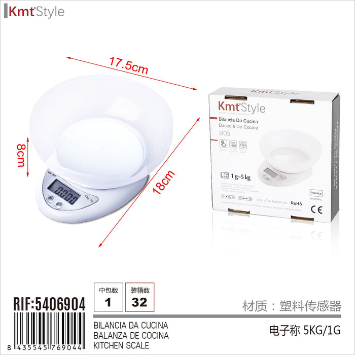 Mini Bilancia Digitale con Schermo LED da Cucina con Ciotola Misura in KG e G 18cmx17.5cm a 2 Batteria AAA