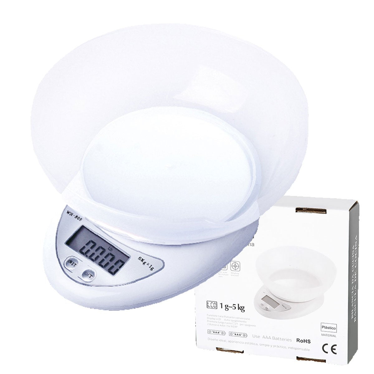 Mini Bilancia Digitale con Schermo LED da Cucina con Ciotola Misura in KG e G 18cmx17.5cm a 2 Batteria AAA