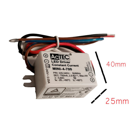 Mini Led Driver IP65 Corrente Costante 700mA 2,5V-6VDC 4W 48X38X21mm