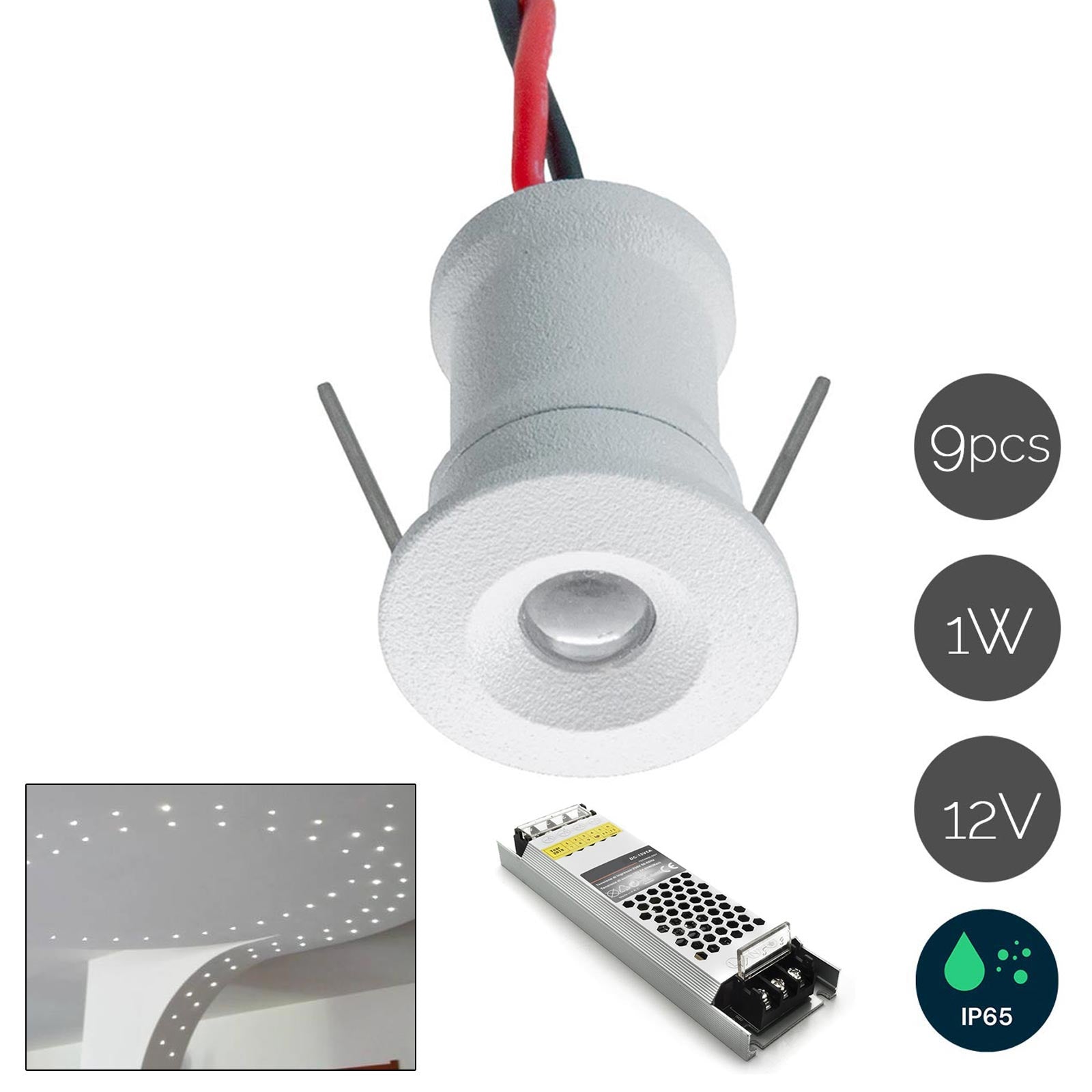 KIT 9pcs Mini faretto IP65 LED 1W resa 12W incasso punto luce box doccia cielo stellato segnapassi alimentatore colore NERO luce ROSSA