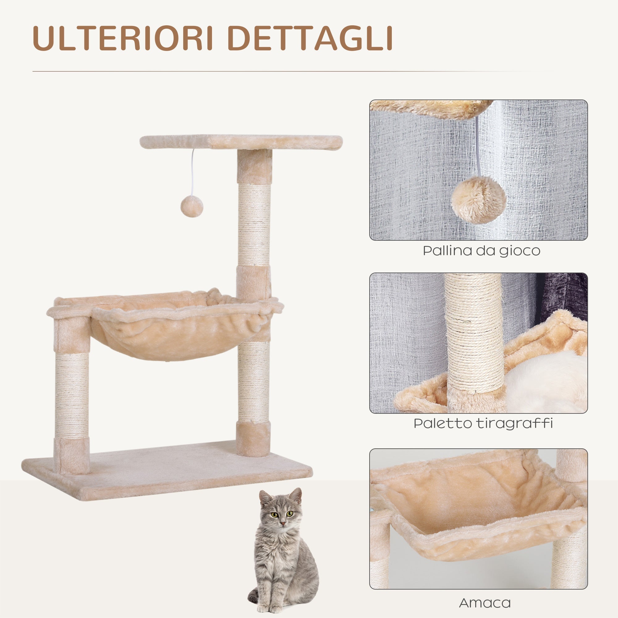 Torre Tiragraffi per Gatti 50x36x70 cm in Legno e Peluche Beige