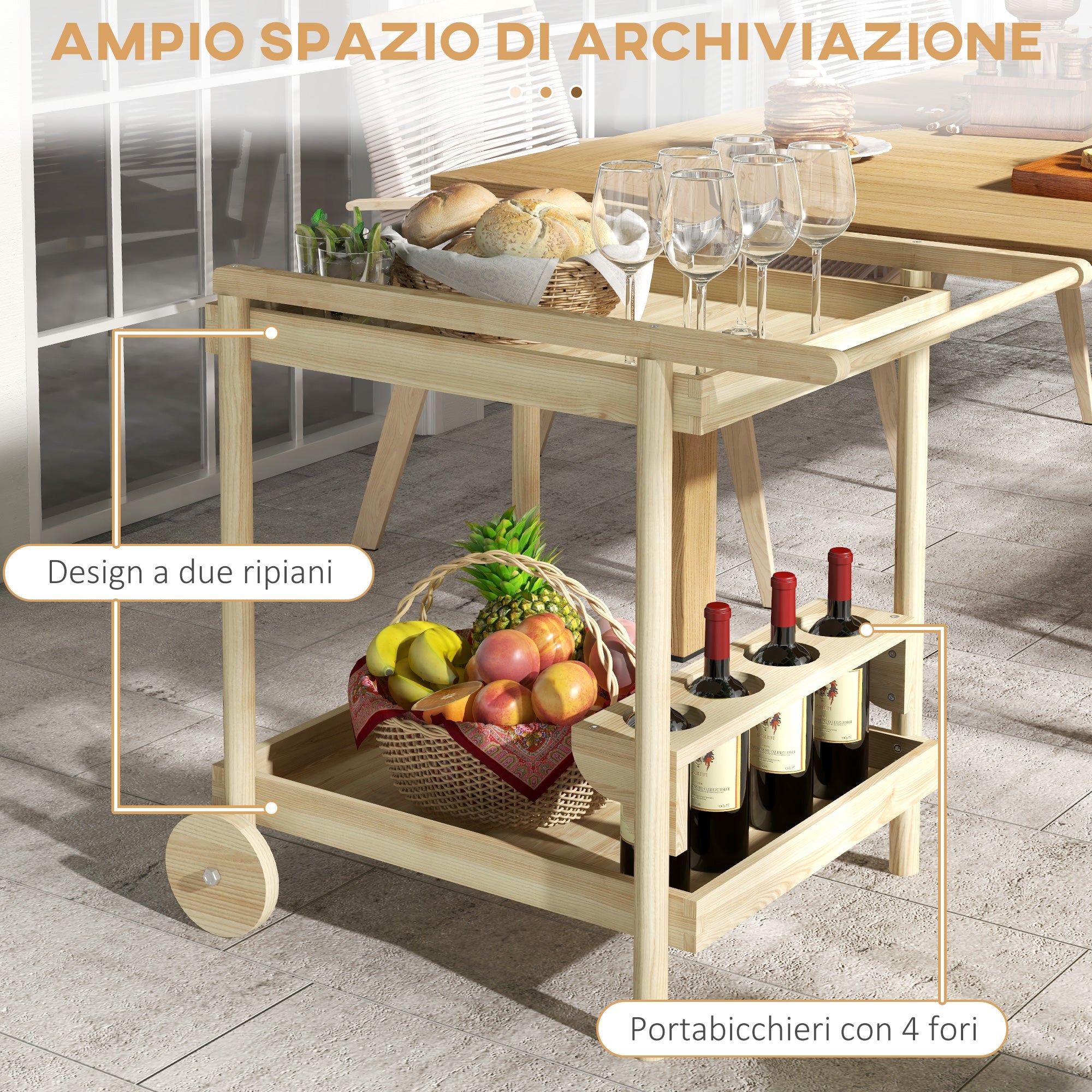 Carrello Portavivande a 2 Ripiani e 4 Portabottiglie 78x58.5x75 cm in Legno di Abete