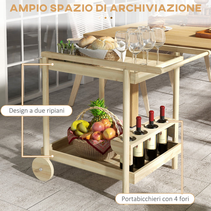 Carrello Portavivande a 2 Ripiani e 4 Portabottiglie 78x58.5x75 cm in Legno di Abete