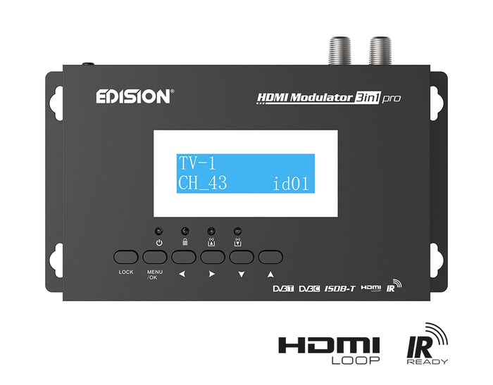 Modulatore HDMI a Terrestre DVB-T ISDB-T o Cavo DVB-C  Distribuzione Full HD su Cavo Coassiale, HDMI-Loop, RF IN, Display LCD  Installazione Rapida, Plug & Play