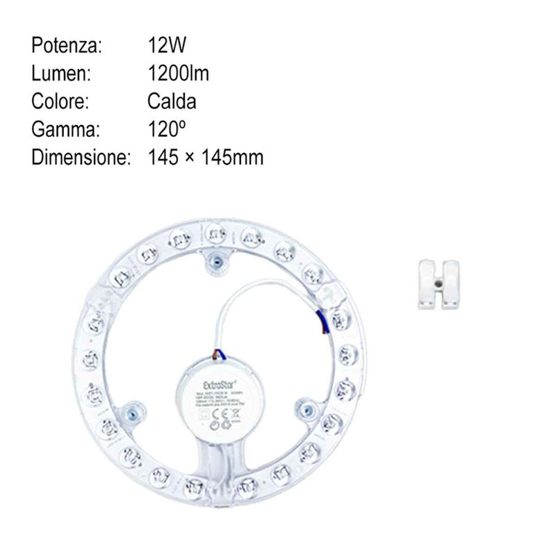 Modulo LED per Plafoniera ad Anello 12W 1200lm Luce Calda 3000K Alta Qualità CRI IP20 Diametro 145mm