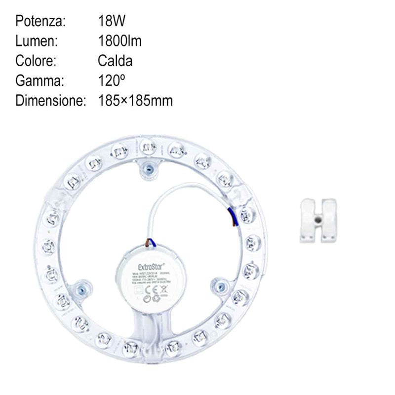 Modulo LED per Plafoniera ad Anello 18W 1800lm Luce Calda 3000K Alta Qualità CRI IP20 Diametro 185mm