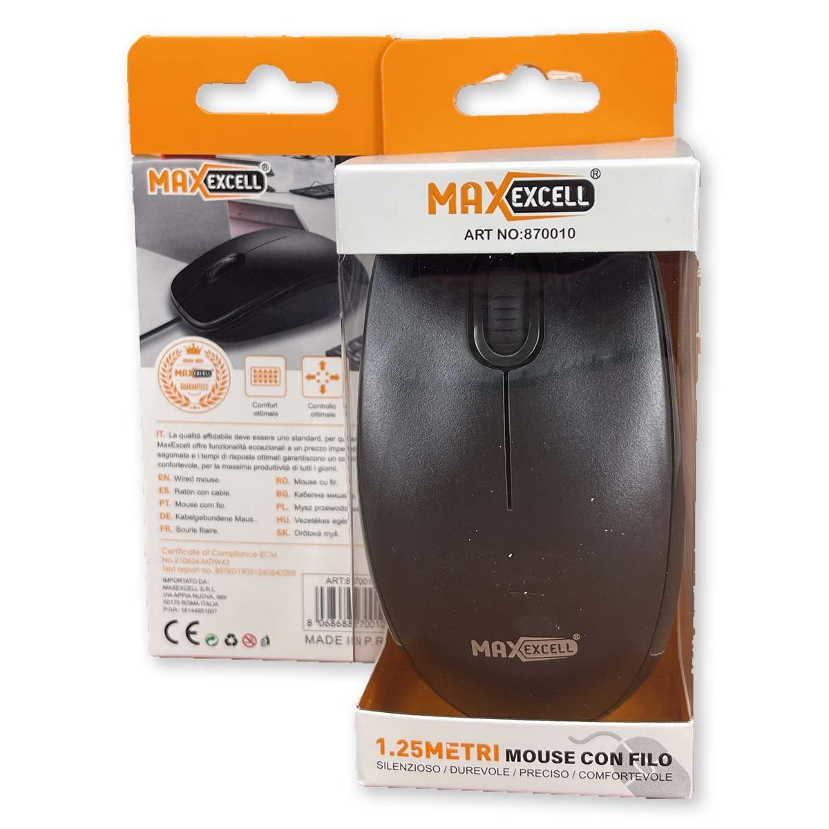 Mouse Ottico USB 2.0 Leggera e Slim da Lavoro Ufficio Viaggio Uso Personale con Cavo da 1.25 metri Modello 0100 a 2 Tasti con Rotella Cliccabile