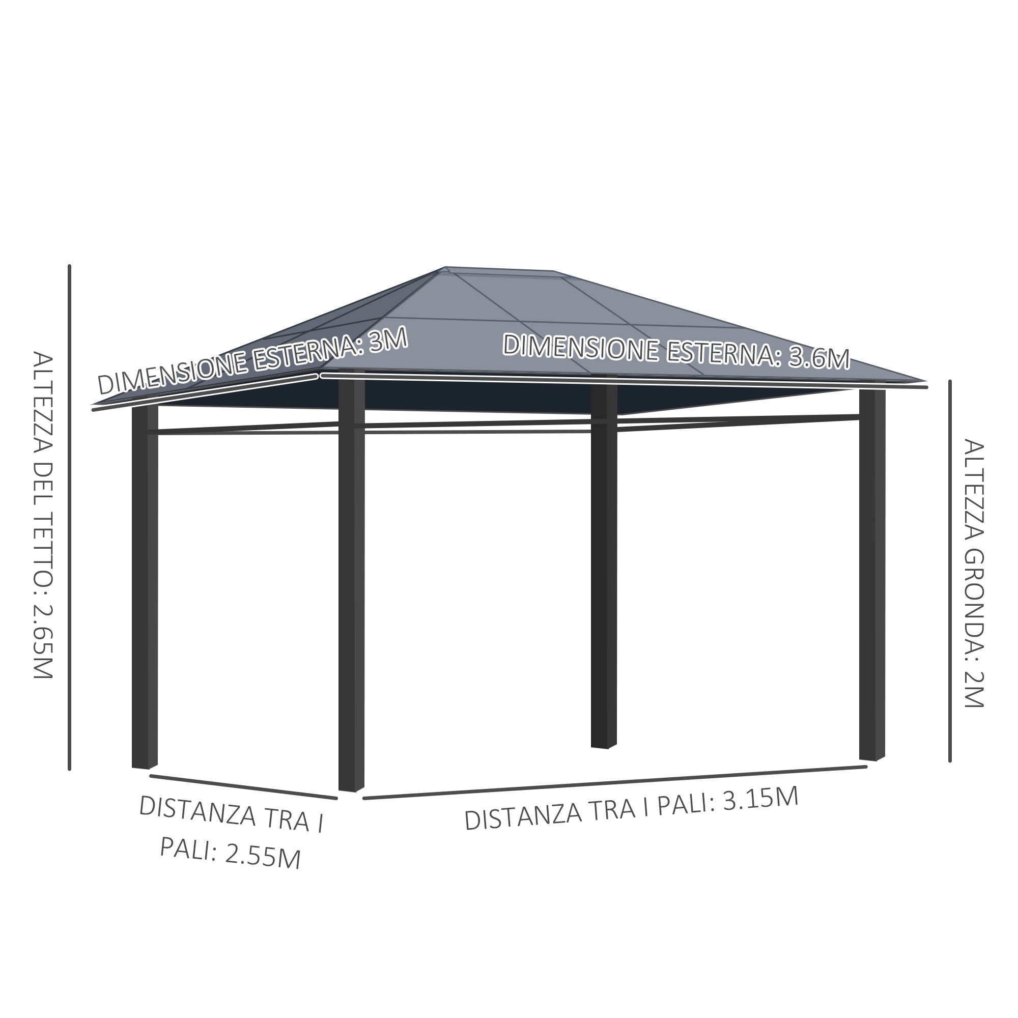 Gazebo da Giardino 3,6x3m Tetto in Policarbonato Grigio