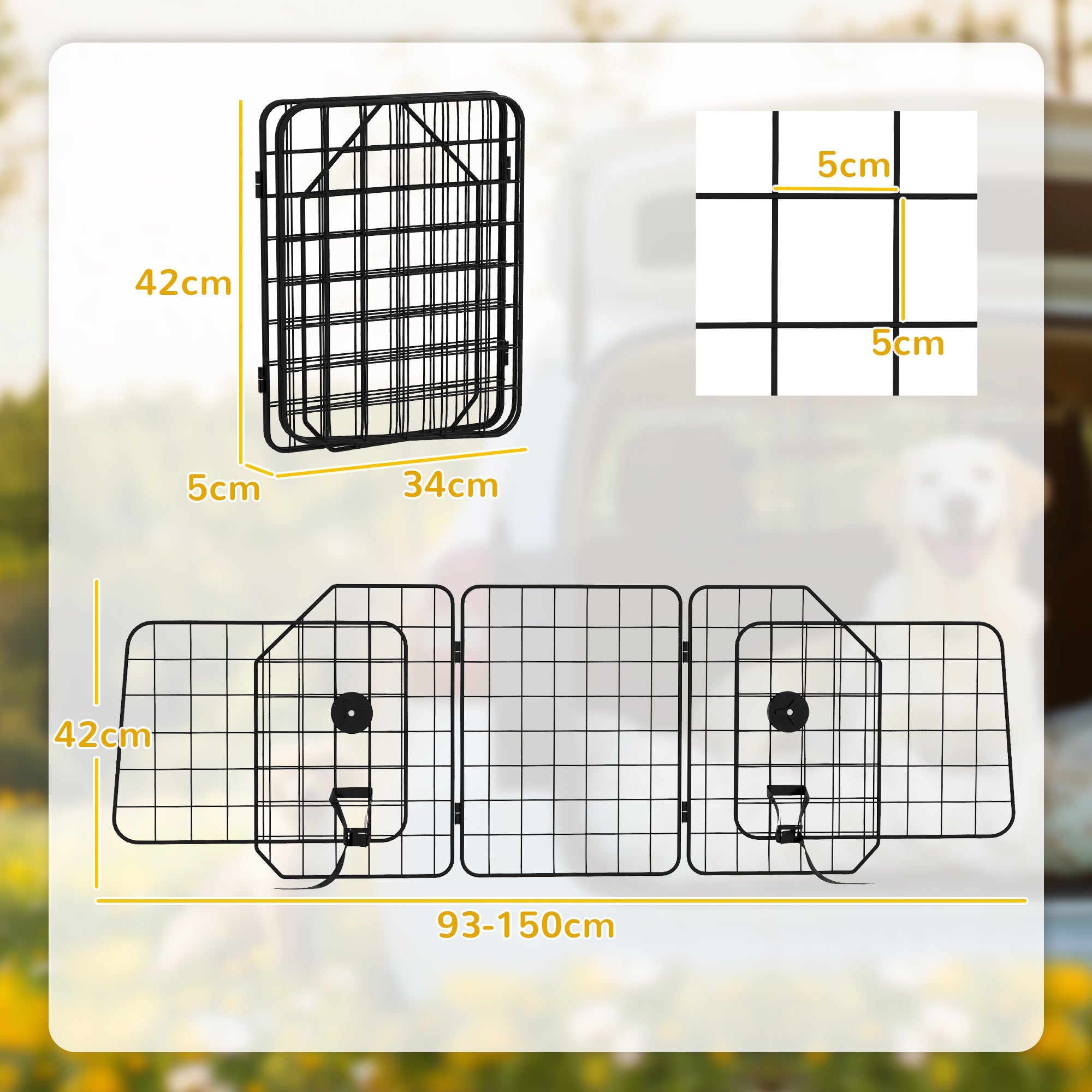 Griglia Divisoria Universale Regolabile e Pieghevole per Trasporto Cani in Auto 93-150x42cm Nero