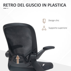 Sedia Poltrona Operativa da Ufficio 59x58x96-106 cm con Braccioli Ribaltabili e Tessuto a Rete Nero