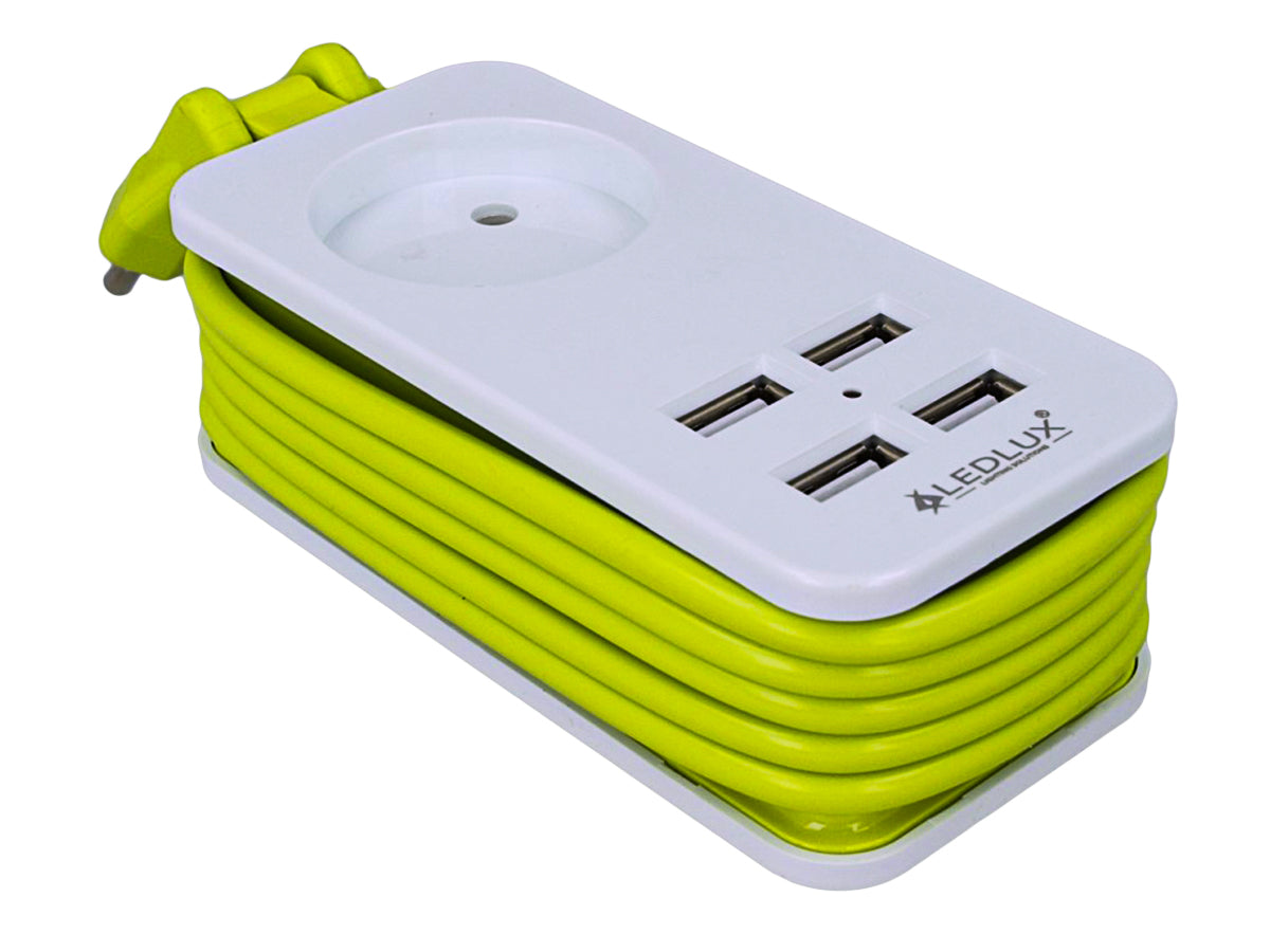 Multipresa Ciabatta Elettrica Caricabatterie 4 Porte USB 5V 2,4A Fast Charge 1 Posto 2P 10A Cavo 1,5 Metri Bianco