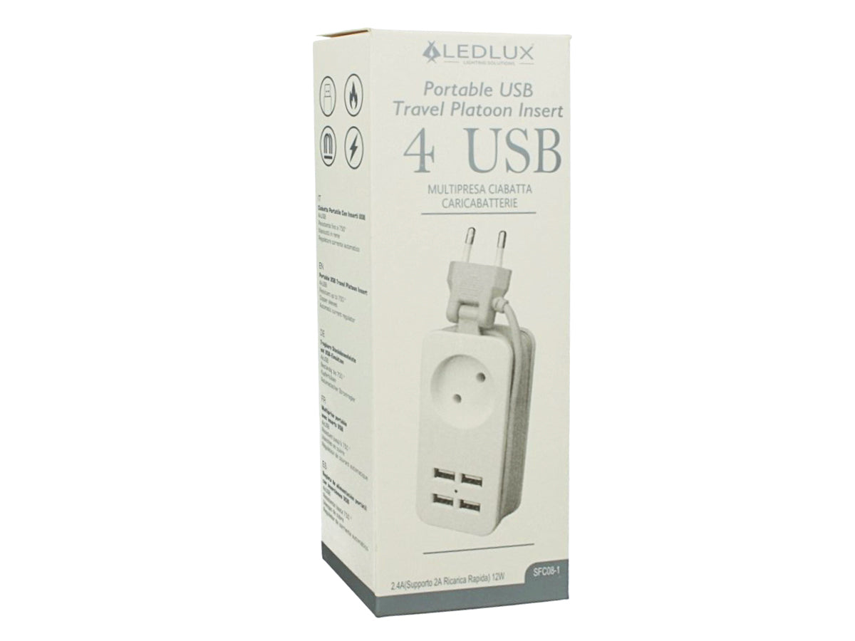 Multipresa Ciabatta Elettrica Caricabatterie 4 Porte USB 5V 2,4A Fast Charge 1 Posto 2P 10A Cavo 1,5 Metri Bianco