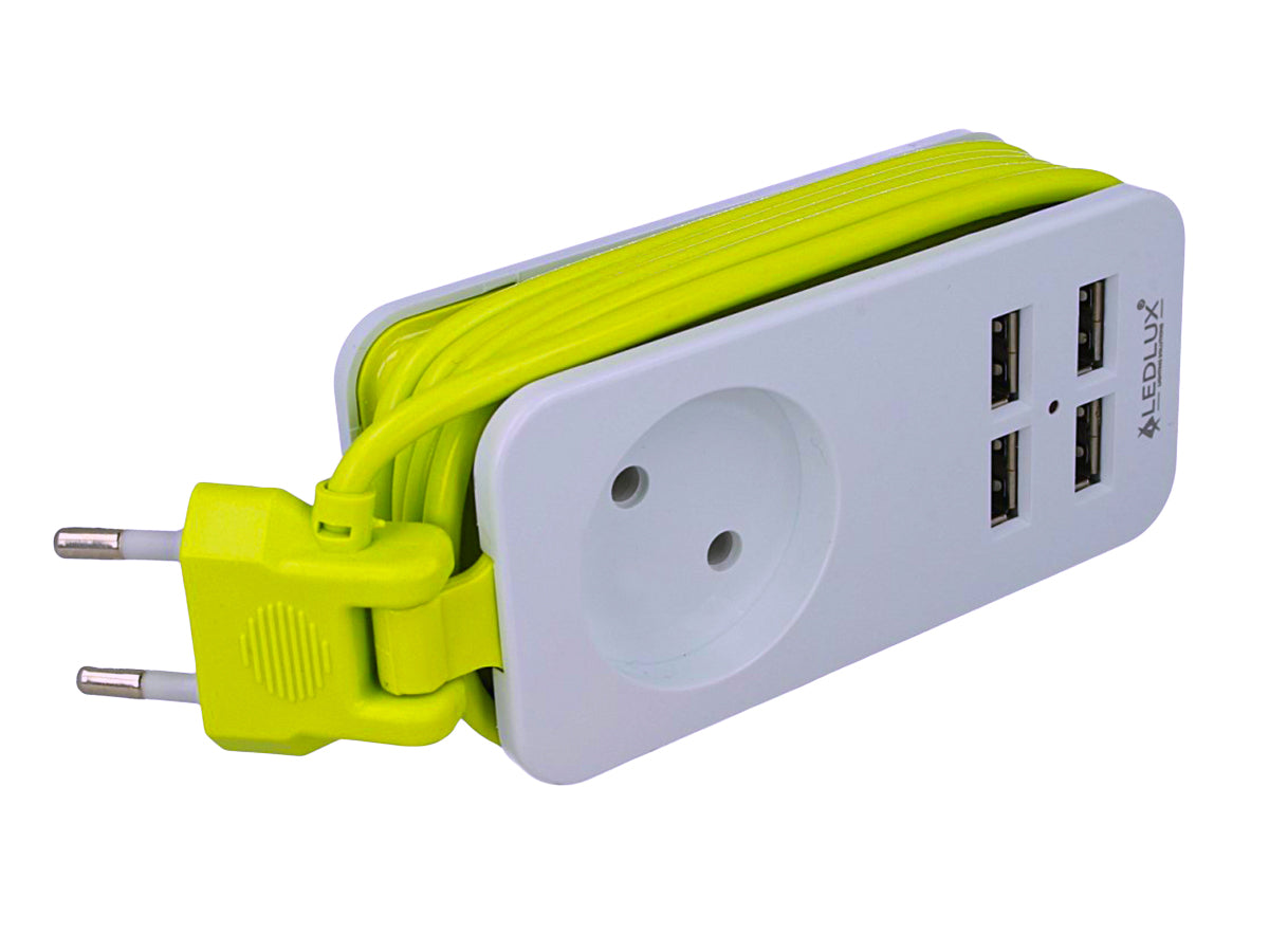 Multipresa Ciabatta Elettrica Caricabatterie 4 Porte USB 5V 2,4A Fast Charge 1 Posto 2P 10A Cavo 1,5 Metri Bianco