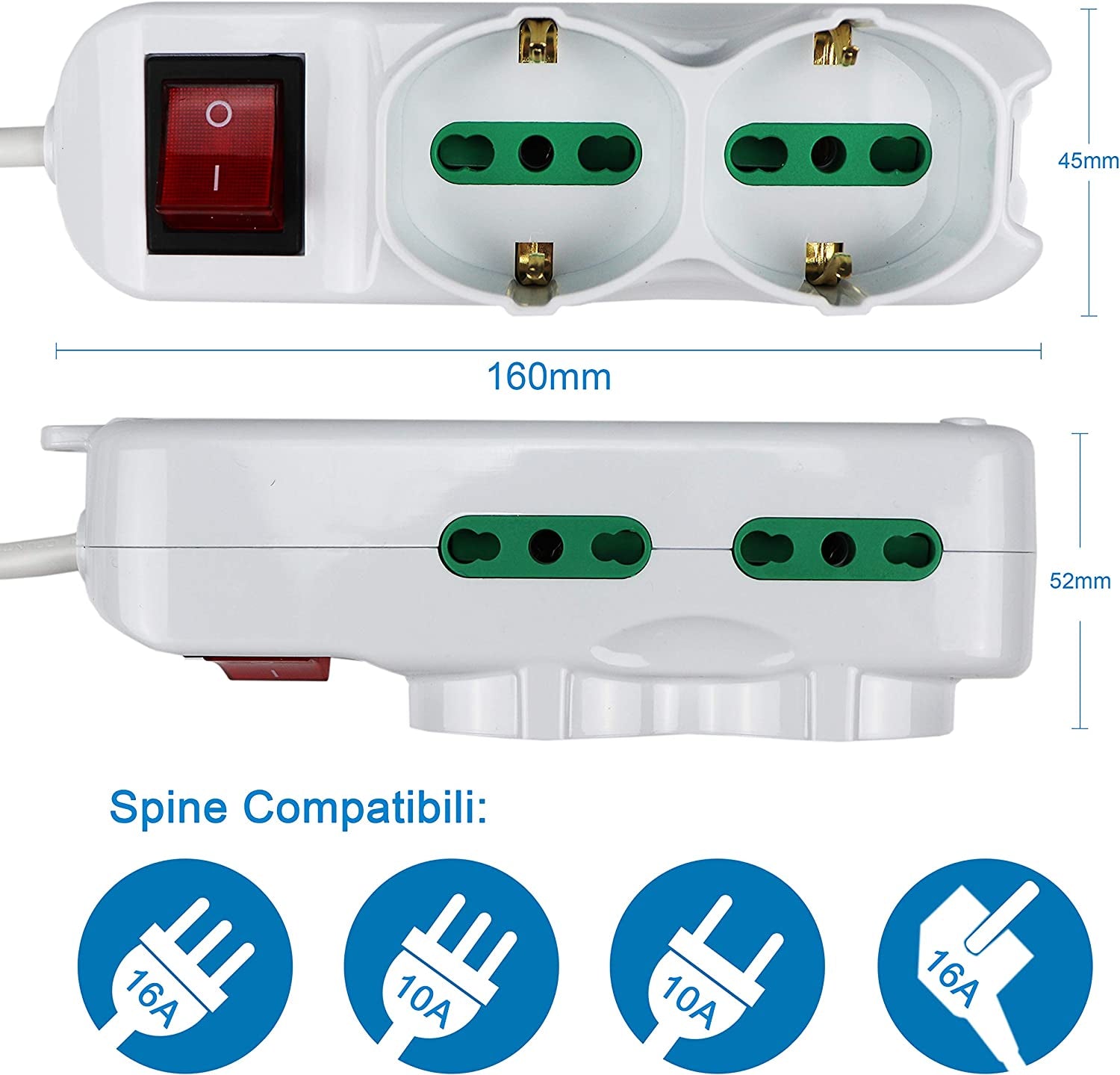 Multipresa Ciabatta Elettrica Cavo 3M Con 6 Posti 2 Prese Schuko 10/16A +  4 Prese Bipasso 2P+T 10/16A Interruttore