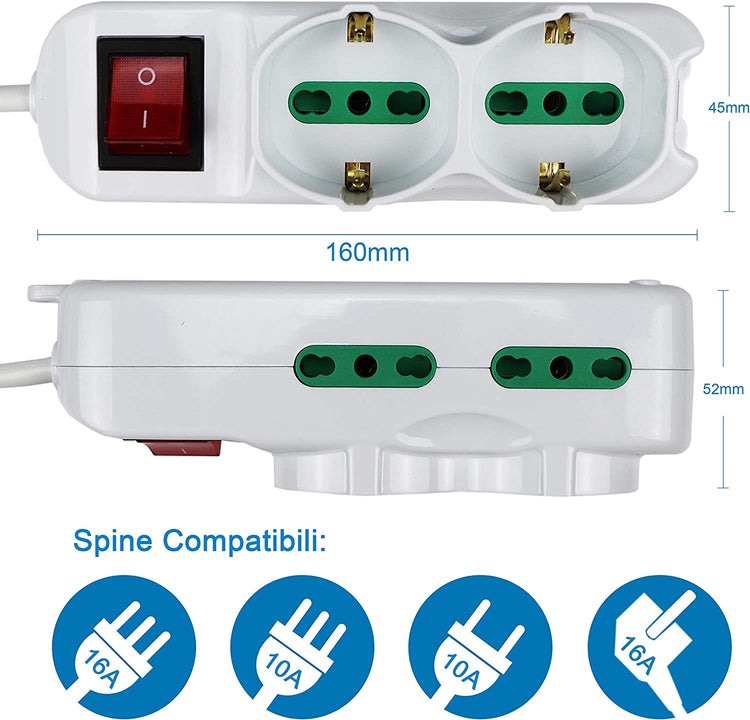 Multipresa Ciabatta Elettrica Cavo 3M Con 6 Posti 2 Prese Schuko 10/16A +  4 Prese Bipasso 2P+T 10/16A Interruttore