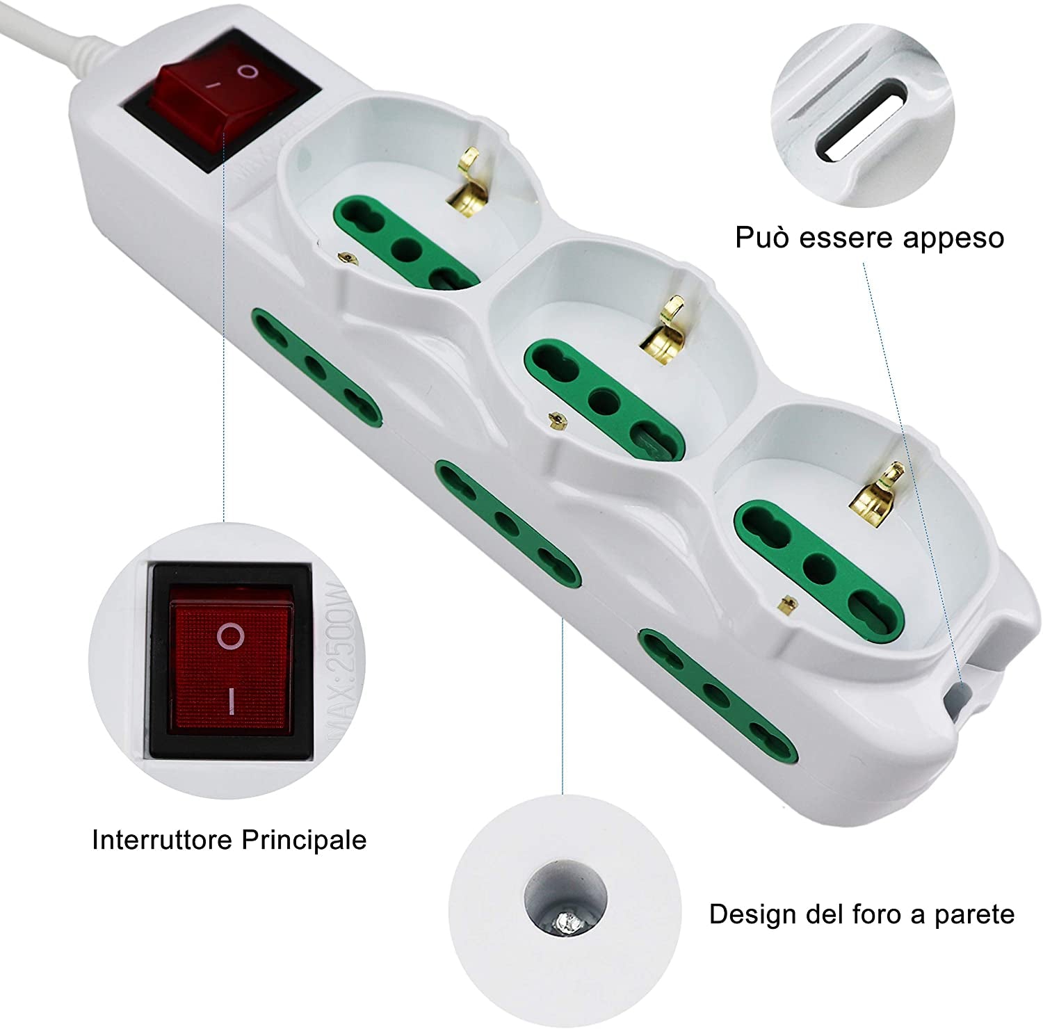 Multipresa Ciabatta Elettrica Cavo 3M Con 9 Posti 3 Prese Schuko 10/16A +  6 Prese Bipasso 2P+T 10/16A Interruttore