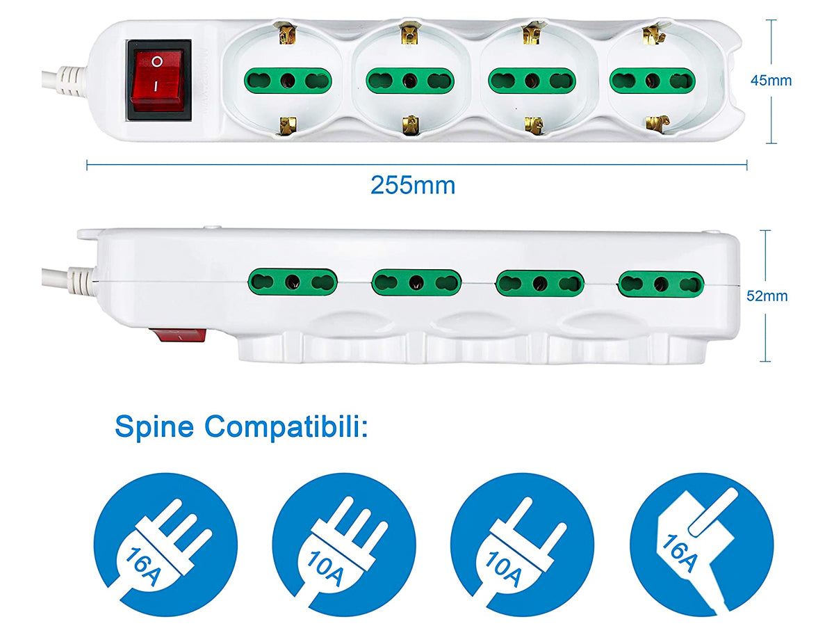 Multipresa Ciabatta Elettrica Cavo 5M Con 12 Posti 4 Prese Schuko 10/16A +  8 Prese Bipasso 2P+T 10/16A Interruttore