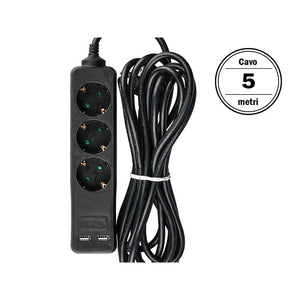 Multipresa Ciabatta Elettrica Con 2 USB e 3 Posti Schuko 10A Cavo Lunga 5 Metri Colore Nero 3X1.5 mmq SKU-8777