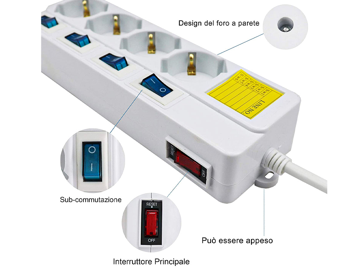 Multipresa Ciabatta Elettrica Con 4 Posti Prese Schuko 10/16A + 5 Interruttori On Off Indipendente Cavo Da 1,5 Metri