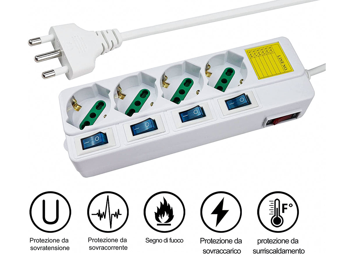 Multipresa Ciabatta Elettrica Con 4 Posti Prese Schuko 10/16A + 5 Interruttori On Off Indipendente Cavo Da 1,5 Metri