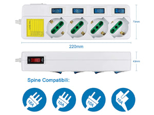 Multipresa Ciabatta Elettrica Con 4 Posti Prese Schuko 10/16A + 5 Interruttori On Off Indipendente Cavo Da 1,5 Metri