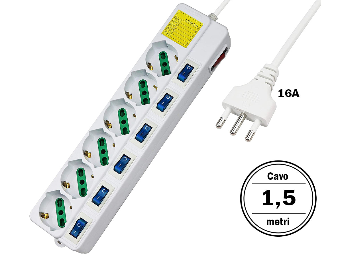 Multipresa Ciabatta Elettrica Con 6 Posti Prese Schuko 10/16A + 7 Interruttori On Off Indipendente Cavo Da 1,5 Metri