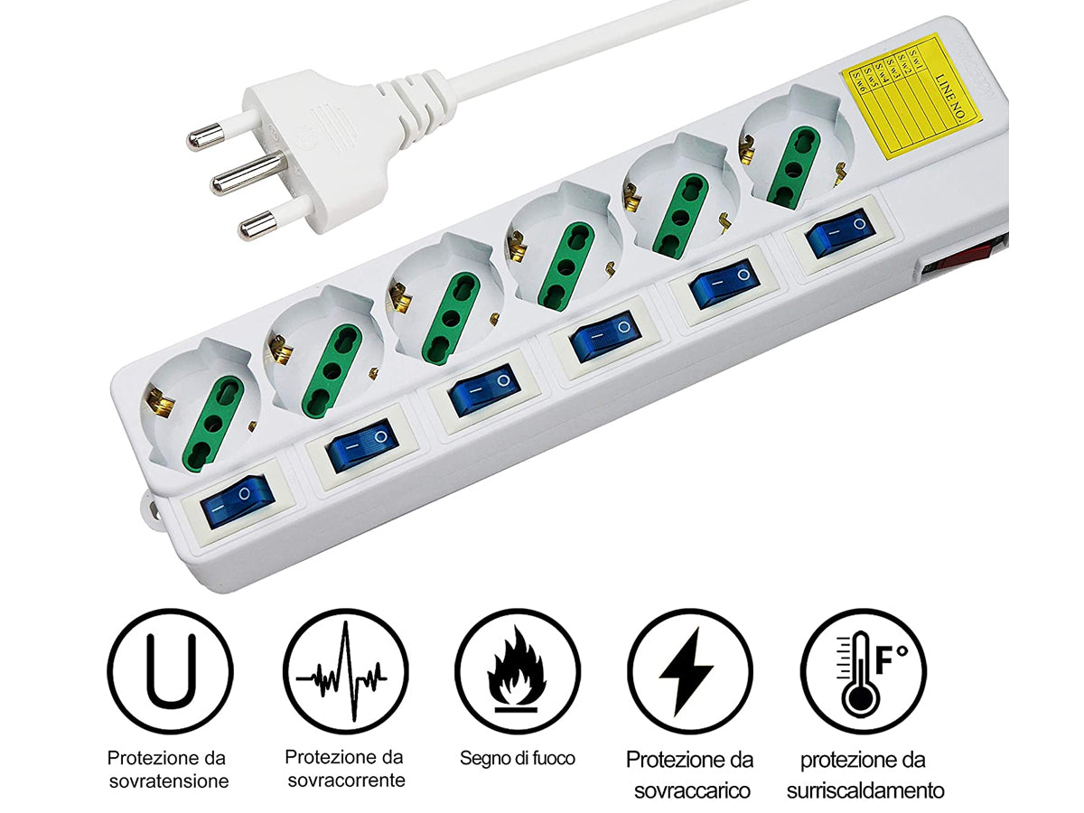 Multipresa Ciabatta Elettrica Con 6 Posti Prese Schuko 10/16A + 7 Interruttori On Off Indipendente Cavo Da 1,5 Metri