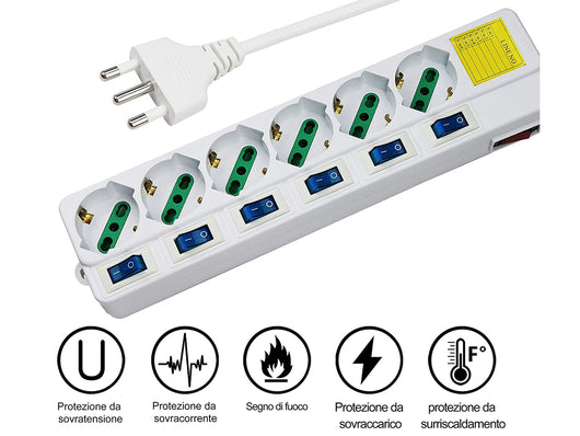 Multipresa Ciabatta Elettrica Con 6 Posti Prese Schuko 10/16A + 7 Interruttori On Off Indipendente Cavo Da 1,5 Metri