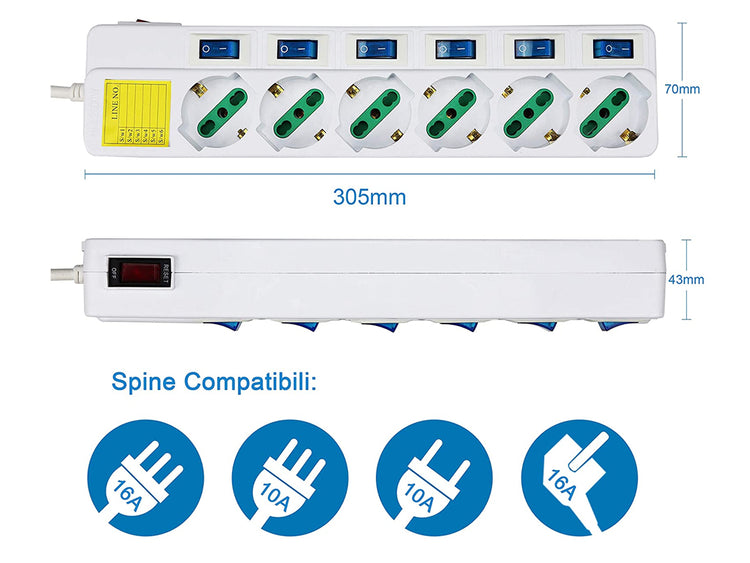 Multipresa Ciabatta Elettrica Con 6 Posti Prese Schuko 10/16A + 7 Interruttori On Off Indipendente Cavo Da 1,5 Metri