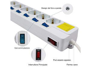 Multipresa Ciabatta Elettrica Con 6 Posti Prese Schuko 10/16A + 7 Interruttori On Off Indipendente Cavo Da 1,5 Metri