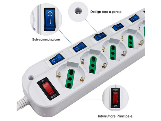 Multipresa Ciabatta Elettrica Con 6 Posti Prese Schuko 10/16A + 7 Interruttori Spina 10A Piccola Tipo L Cavo Da 1,5 Metri