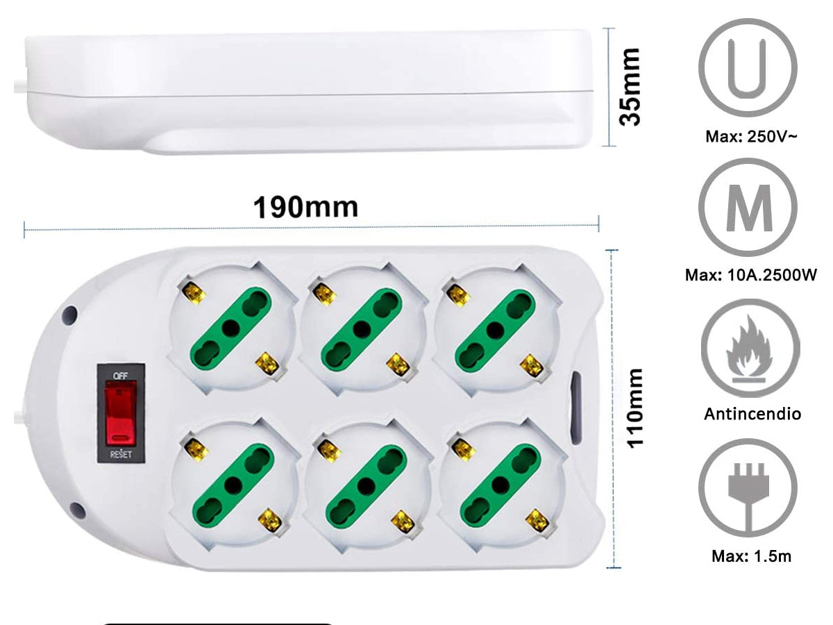 Multipresa Ciabatta Elettrica Con 6 Prese Schuko 10/16A Interruttore Spina 10A Laterale Cavo 1,5M Bianco
