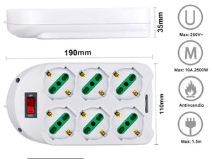 Multipresa Ciabatta Elettrica Con 6 Prese Schuko 10/16A Interruttore Spina 10A Laterale Cavo 1,5M Bianco