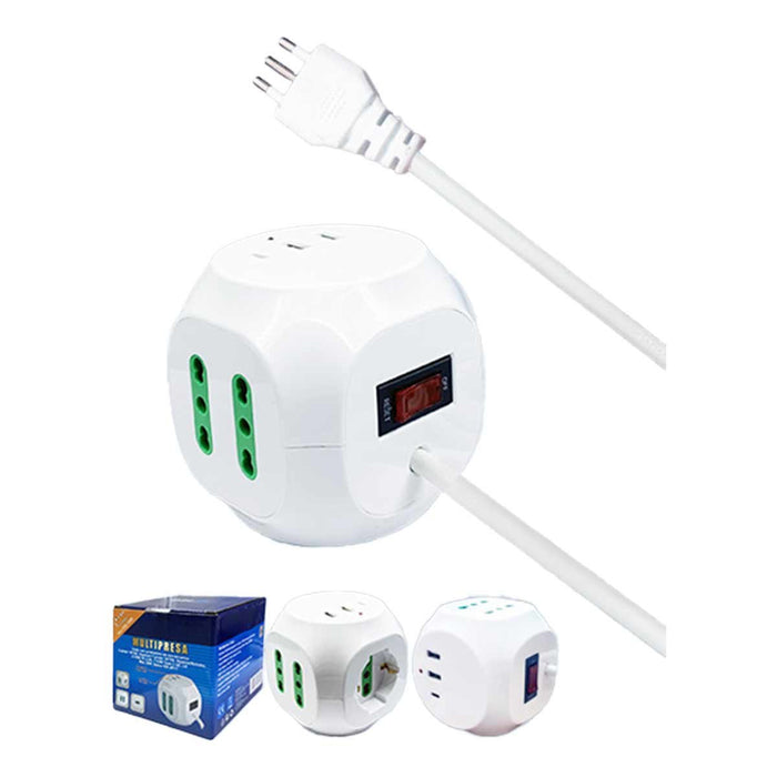 Multipresa Cubo 8 Posti 4 Prese 10/16A + 1 Presa Bipasso Schuko + 2 USB + USB C 3.0 con Interruttore Spina 10A Cavo 1.5m Bianco