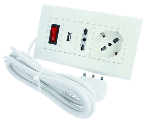 Multipresa Da Tavolo Con USB Bianco 1 Presa Schuko 1 Presa Bipasso 10/16A Interruttore Spina 16A Cavo 2 Metri