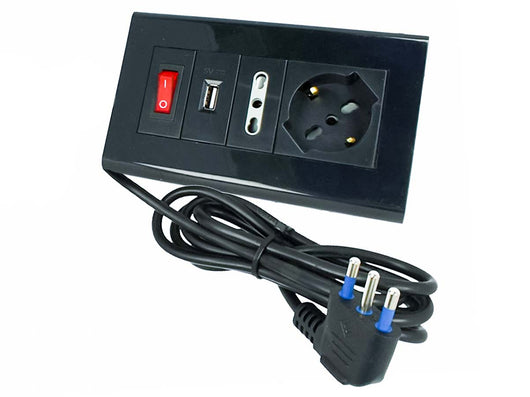 Multipresa Da Tavolo Con USB Nero 1 Presa Schuko 1 Presa Bipasso 10/16A Interruttore Spina 16A Cavo 2 Metri